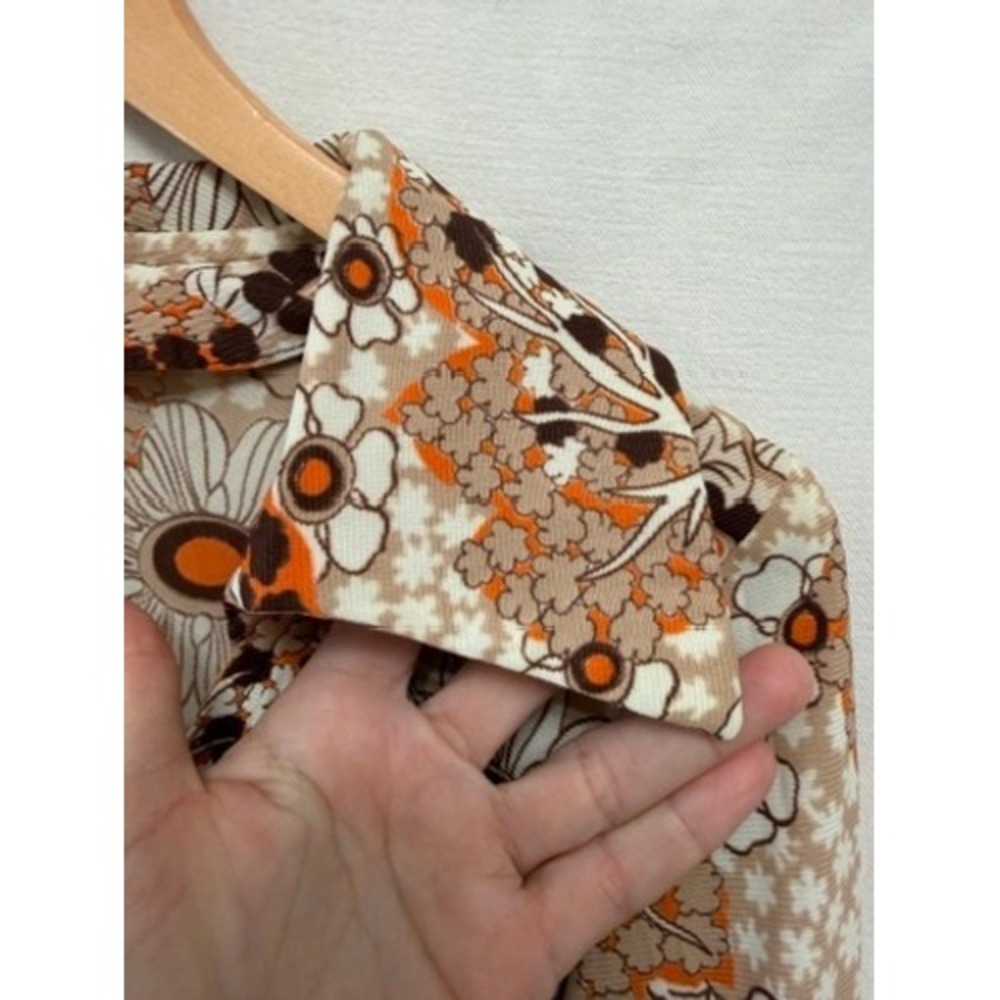Vintage 70s Brown Orange Floral Dagger Collar Zip Back Top Small - Picture 4 of 5